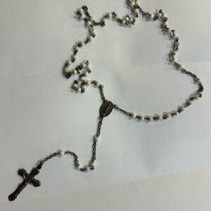 Elegant White and Silver tone Rosary Necklace